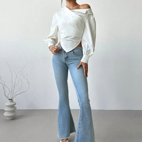 White Elegant Women's Asymmetrical Hem Long Sleeve top blouse - Picture 8 of 8